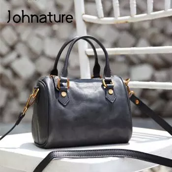 Женская сумка Johnature из натуральной кожи, мягкая сумка из натуральной яловой кожи, универсальные винтажные сумки на плечо большой вместительности