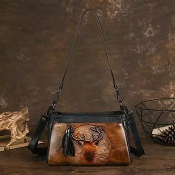 Женская сумка Johnature из натуральной кожи с тиснением в стиле ретро, универсальные сумки на плечо и через плечо из воловьей кожи с ручной росписью чёрный