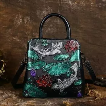 Женская сумка Johnature из натуральной кожи в стиле ретро, универсальные сумки ручной работы с тиснением большой вместимости на плече и через плечо чёрный