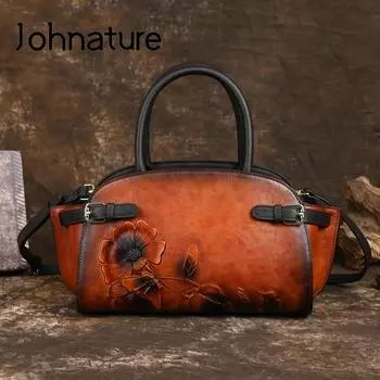 Женская сумка Johnature с тиснением в стиле ретро, женская сумка-тоут из натуральной кожи, универсальные сумки на плечо из натуральной яловой кожи большой вместительности