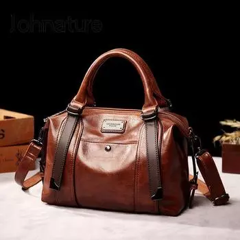 Женская сумка Johnature в стиле ретро, большая вместительная сумка из искусственной кожи, модная однотонная портативная сумка через плечо и через плечо чёрный