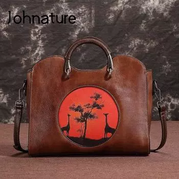 Женская сумка Johnature в стиле ретро из коровьей кожи, большая вместительная женская сумка, повседневная сумка-тоут, ручная роспись, женские сумки через плечо зелёный