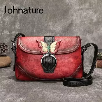 Женская сумка Johnature в стиле ретро, первый слой из коровьей кожи, ручная роспись, сумки на плечо для отдыха, маленькая женская сумка-мессенджер с застежкой зелёный
