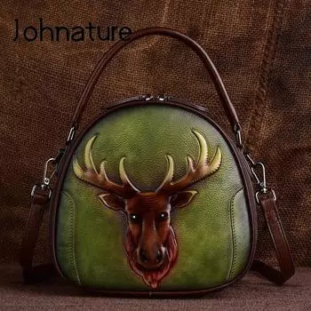 Женская сумка Johnature в стиле ретро с тиснением первого слоя из коровьей кожи, сумка ручной работы для отдыха, модные сумки через плечо черный серый