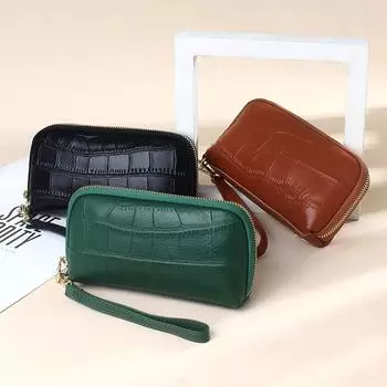 Женская сумка-клатч из натуральной кожи All-Match Stone Embossed Long Mobile Phone Bag на запястье с застежкой-молнией красный