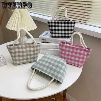 Женская сумка, клетчатая холщовая сумка, рабочая школьная сумка для обеда, портативная тканевая сумка для хранения 15*9*15cm розовый