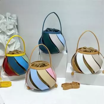 Женская сумка-мешок из искусственной кожи с геометрической строчкой, цилиндрическая сумка через плечо контрастного цвета