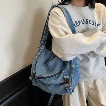 Женская сумка-мессенджер из денима, студенческая сумка через плечо, сумка через плечо большой емкости для поездок на работу темно-синий