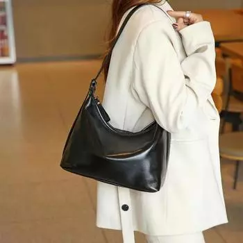 Женская сумка-мессенджер из натуральной кожи с верхним слоем из коровьей кожи растительного дубления, простая винтажная сумка-пельмень с застежкой-молнией чёрный