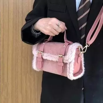 «Женская сумка-мессенджер из плюша в стиле Кембриджа высшего качества на осень/зиму – универсальная сумка для мобильного телефона в нишевом дизайне» розовый