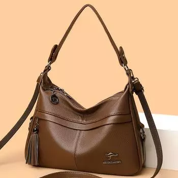 Женская сумка-мессенджер с кисточками из мягкой кожи, сумка через плечо для матери коричневый