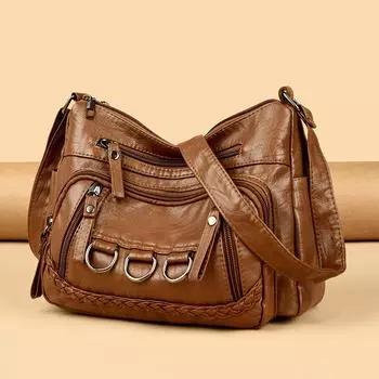 Женская сумка-мессенджер с несколькими карманами для мам среднего возраста, мягкая кожаная сумка через плечо коричневый