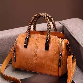 Женская сумка-мессенджер, универсальная сумка Boston, мягкая женская сумка из кожи, модная плетеная сумка 28cm*13cm*20cm коричневый