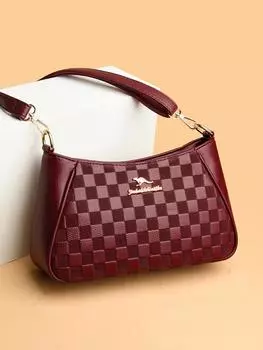 Женская сумка многослойная модная фактура личи узор шахматная доска большая вместимость плечо крест подушка сумка красный