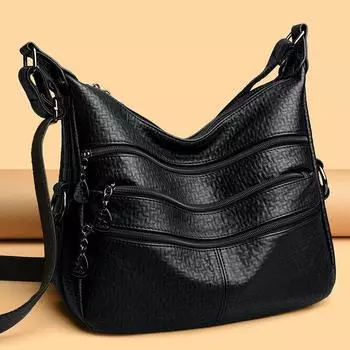 Женская сумка модная мягкая кожаная большая вместительная сумка через плечо для мамы чёрный