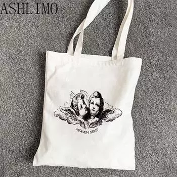 Женская сумка на плечо для девочек-ангелов, холщовые сумки, сумка-шопер в стиле Харадзюку, повседневная летняя сумка большой вместимости, экологически чистые сумки для покупок 24*26cm