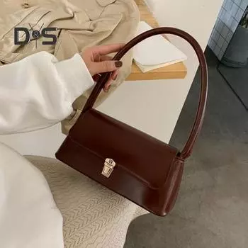 Женская сумка на плечо, гладкая водонепроницаемая однотонная сумка из искусственной кожи, портативная сумка с пряжкой и застежкой подмышки, сумка для путешествий, путешествий и свиданий темно-коричневого