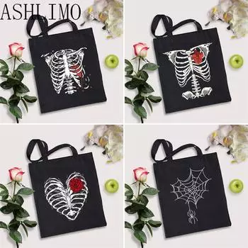 Женская сумка на плечо с темным сердцем и черепом, сумка-тоут в стиле Харадзюку, сумка для покупок, повседневная сумка с мультяшным принтом, готическая женская сумка большой вместительности, Ulzzang 24*26cm