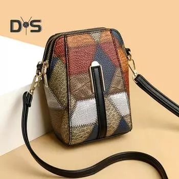 Женская сумка на плечо в винтажном стиле, геометрическая лоскутная сумка с цветными блоками, двухслойная, съемный плечевой ремень, женский кошелек, дорожная сумка через плечо коричневый