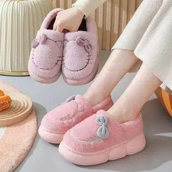 Женская сумка на толстой подошве, модные домашние тапочки с бантом, зимние бархатные увеличивающие рост, теплые и нескользящие хлопковые туфли для общежития 36 серый