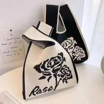 Женская сумка на запястье с мультяшным медведем и розой, эстетичная вязаная крючком большая сумка, сумка на руку, сумка с узлом Bear бежевый