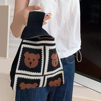 Женская сумка на запястье с мультяшным медведем и розой, эстетичная вязаная крючком большая сумка, сумка на руку, сумка с узлом Bear бежевый