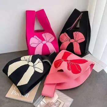 Женская сумка на запястье с узлом ручной работы CNew Bowknot Knit Handbags asual Small Bow Tote Bag Girls Многоразовые сумки для покупок розовый