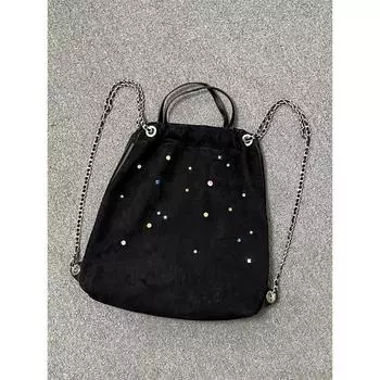 Женская сумка Niche из матового флиса с цветными драгоценными камнями, рюкзак с цепочкой и затягивающимся шнурком, портативный рюкзак чёрный