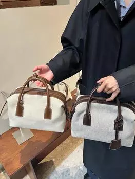 Женская сумка Новая сумка-тоут Niche High-end Light Luxury Linen Contrast Color Bowling Leather Casual Bag For Women 33x11x22cm белый