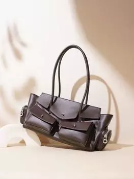 Женская сумка, новая, в стиле ретро, большая вместимость, сумка подмышку + кожа, универсальная, с несколькими карманами, на одно плечо, портативная, для мотоцикла 32x14x19cm чёрный