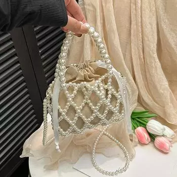 Женская сумка Pearl Маленькая мини-сумка-ведро Тканые сумки через плечо для ужина Кошелек Кошелек Сумка Женские сумки через плечо 15*13cm белый