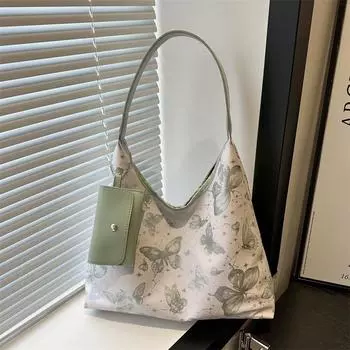 Женская сумка подмышку с принтом в виде бабочки, вместительная, летняя, 2024 г., персонализированная, новая, в иностранном стиле, сумка-тоут для отдыха и поездок на работу чёрный