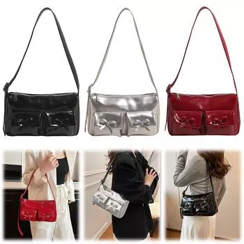 Женская сумка-портфель из искусственной кожи с бантом, сумка-хобо с несколькими карманами, регулируемый ремень, клатч, дорожная сумка для поездок на работу чёрный