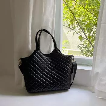 Женская сумка-портфель с регулируемым ремнем и верхней ручкой, большая вместимость, стеганая сумка-тоут с ромбовидной отделкой, сумка-тоут с подкладкой, сумка для покупок чёрный