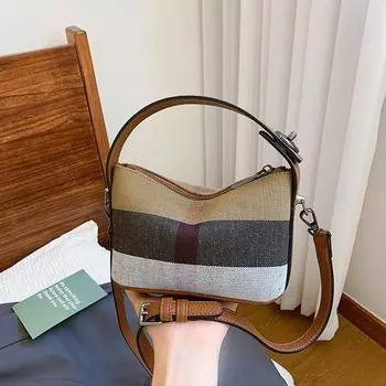 Женская сумка премиум-класса в стиле ретро 2024 года, новая нишевая сумка-ведро в клетку из холста, модная сумка-мессенджер через плечо чёрный