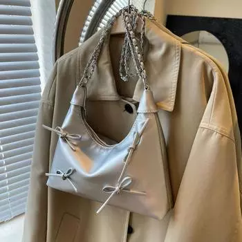 Женская сумка с бантом, однотонная мягкая сумка через плечо из искусственной кожи с цепочкой и цепочкой серебряный