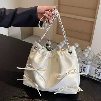 Женская сумка с бантом, сумка через плечо, сумка-мешок с цепочкой, сумка через плечо серебряный