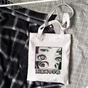 Женская сумка с буквенным принтом японского аниме Harajuku, готическая холщовая сумка на плечо, мультяшная большая вместительная модная винтажная сумка-шоппер 24*26cm