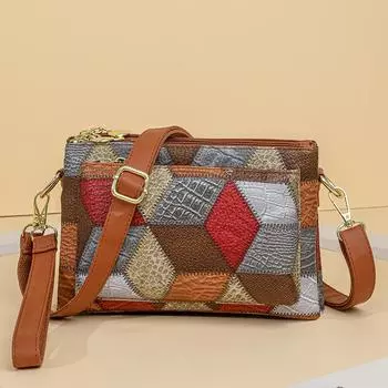 Женская сумка с цветными блоками, мягкая кожаная сумка через плечо, многослойная сумка через плечо, материнская сумка среднего возраста красный