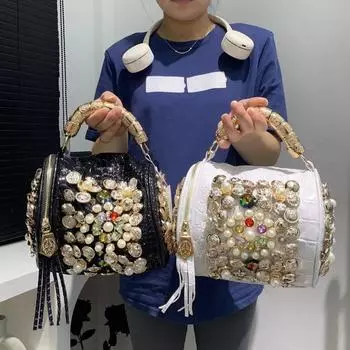Женская сумка с драгоценными камнями, цилиндрическая, металлическая ручка, через плечо, пришитые вручную пуговицы, роскошная мода