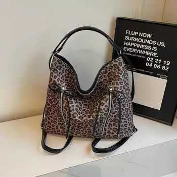 Женская сумка с леопардовым принтом 2024 года, новый повседневный рюкзак большой вместимости, сумка через плечо класса Майяр, модная сумка-тоут для поездок на работу 37*13*30