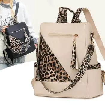 Женская сумка с леопардовым принтом, большой вместительный рюкзак, школьный рюкзак с кисточками чёрный