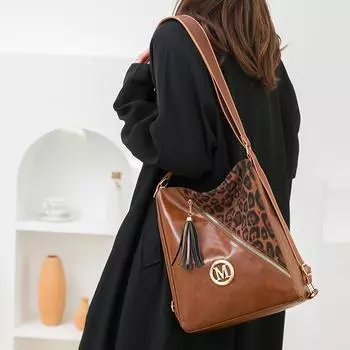 Женская сумка с леопардовым принтом, большой емкости, рюкзак для поездок на работу, многофункциональная сумка через плечо в стиле пэчворк чёрный