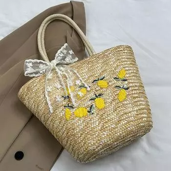 Женская сумка с лимонной вышивкой, большая вместительная корзина с фруктовой вышивкой, сумка на молнии, соломенное ведро, женская сумка для покупок