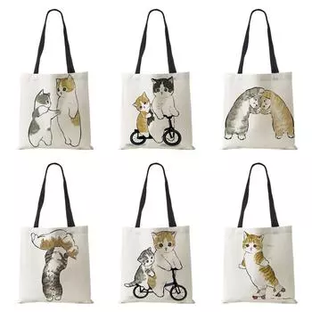 Женская сумка с милым кошачьим принтом, повседневная складная сумка-тоут для покупок, сумка через плечо Harajuku, большая вместимость, многоразовые холщовые пляжные сумки