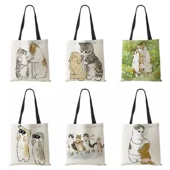 Женская сумка с милым животным кошачьим принтом, повседневная складная сумка-тоут для покупок в стиле Харадзюку, многоразовые сумки на плечо большой емкости