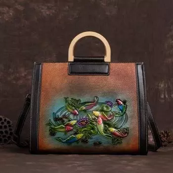 Женская сумка с принтом в стиле ретро, повседневная и универсальная, квадратная сумка из высококачественной коровьей кожи растительного дубления