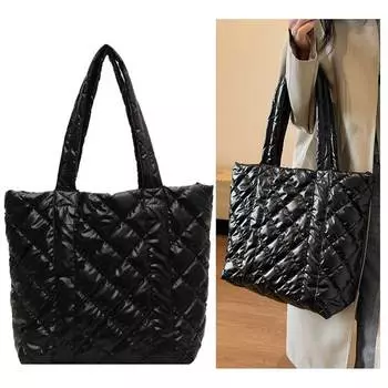 Женская сумка с ромбовидной решеткой, большая вместимость, стеганая сумка с подкладкой, мягкая, легкая, металлического цвета, женская сумка для покупок на открытом воздухе чёрный
