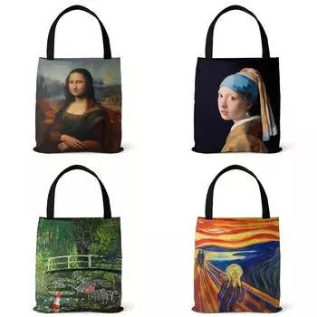 Женская сумка с ручкой сверху. Всемирно известная серия картин. Холщовая сумка с принтом. Легкая сумка через плечо.