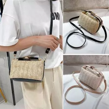 Женская сумка с соломенным плетеным регулируемым ремешком и цветной ручкой, большая вместительная контрастная дорожная сумка через плечо, женская дорожная сумка чёрный